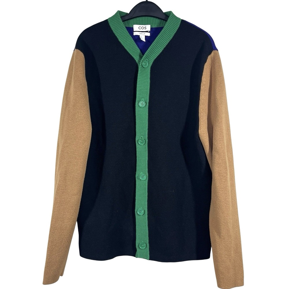 COS Wool Blend Cardigan Mens S Color-block High V-Neck Sweater Heavy Knit